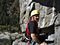 M.L. just exiting the crux moves on pitch 1, Scary  Canary route